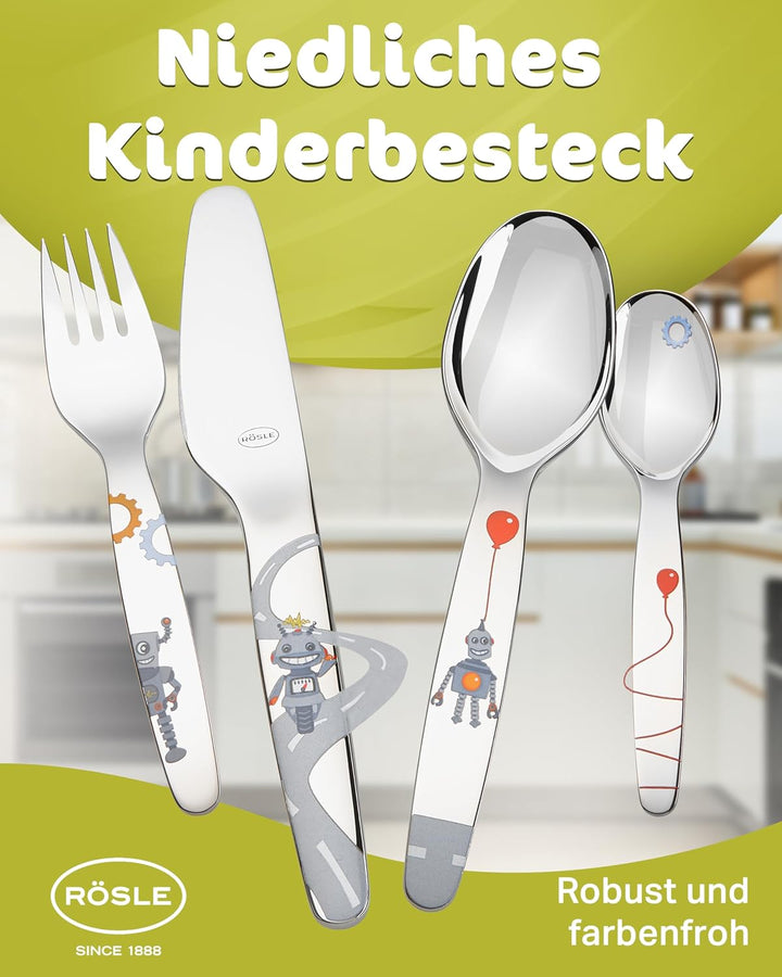 RÖSLE Kinderbesteck "Kleiner Roboter", 4-teilig, ab 3 Jahren, Edelstahl 18/10, Spülmaschinengeeignet
