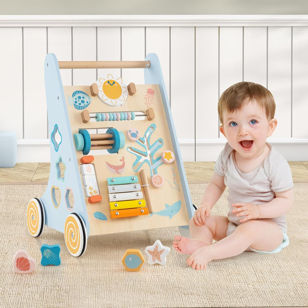 COSTWAY Lauflernwagen Holz, Baby Lauflernhilfe zum Schieben und Ziehen, Montessori Laufspielzeug mit
