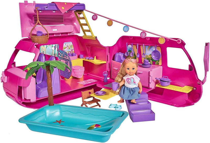 Simba 105733275 - Evi Love Ferienspass Wohnmobil, Aufklappbares Wohnmobil, Mit über 40 Teilen, Puppe