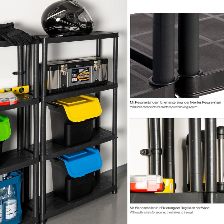 Kreher Kunststoffregal, Steckregal, Kellerregal, 4 Böden, Schwarz, max. 100 kg Traglast. 60 x 30.5 x