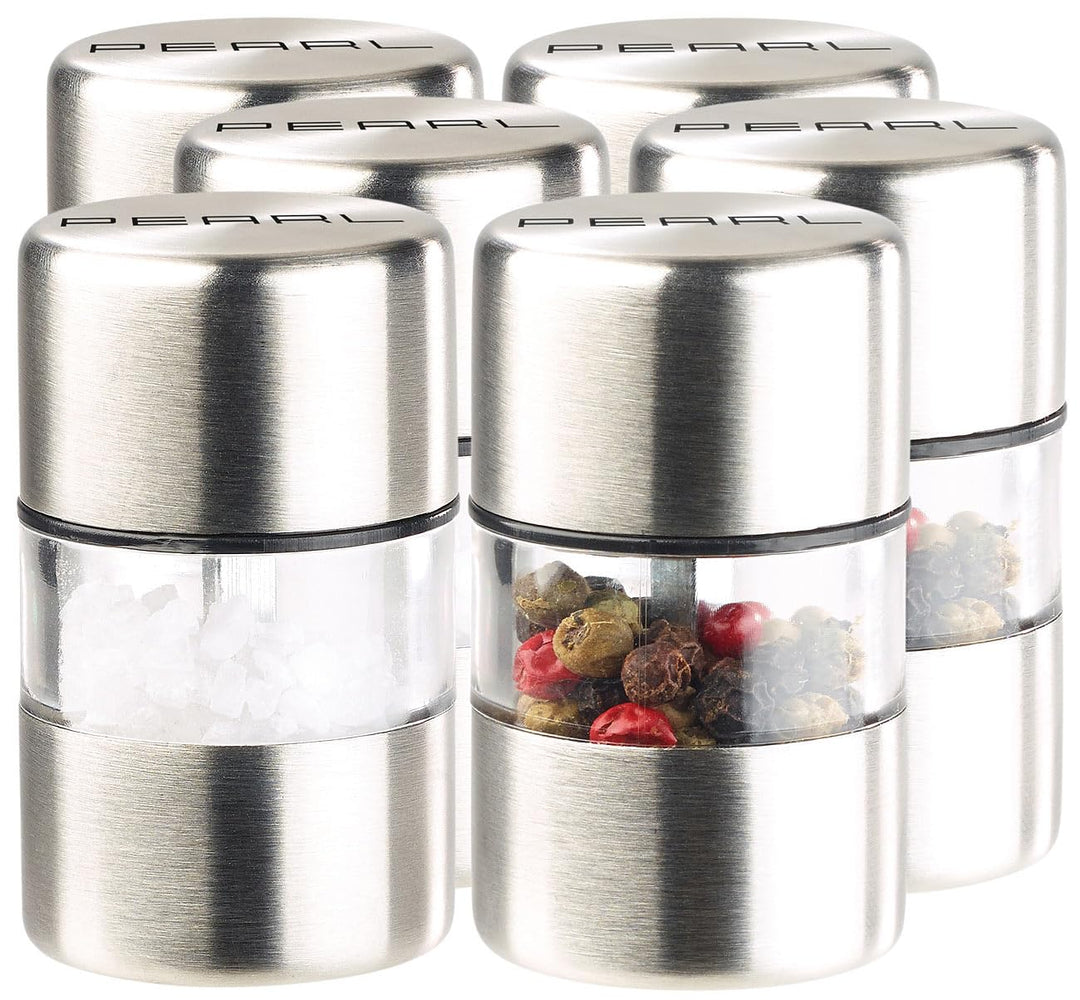 PEARL Camping Pfeffermühle: 6er-Set Mini-Salz-/Pfeffermühle, Edelstahl, Keramikmahlwerk, Ø 3 cm (Min