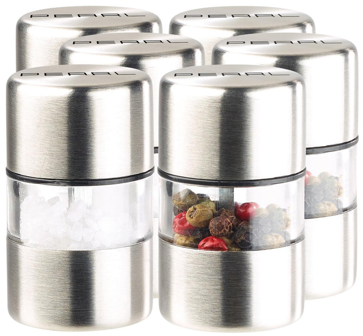 PEARL Camping Pfeffermühle: 6er-Set Mini-Salz-/Pfeffermühle, Edelstahl, Keramikmahlwerk, Ø 3 cm (Min