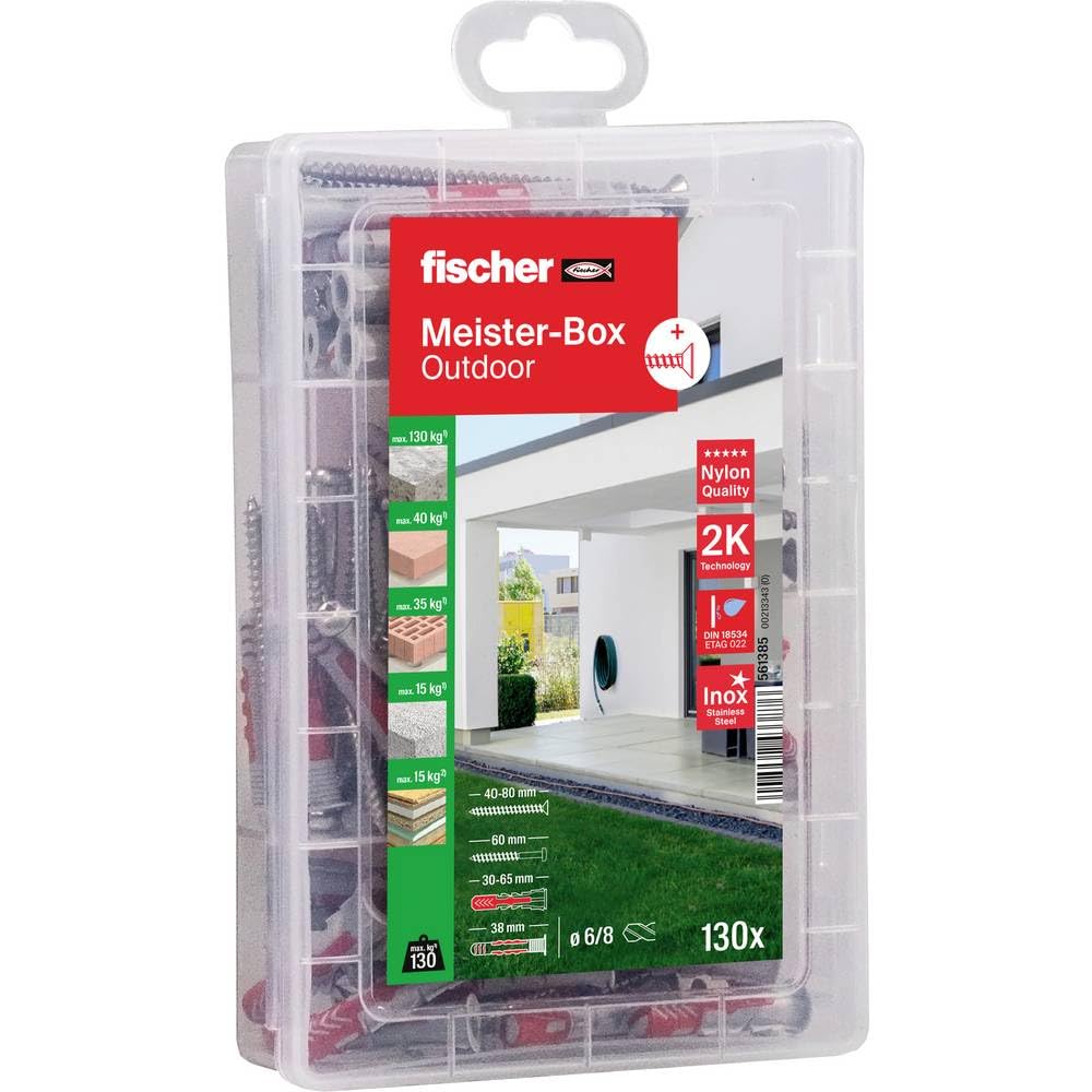fischer 561385 Feucht & Aussen, Dübelbox, 130-teilig mit Edelstahlschrauben & DUOPOWER & DUOSEAL, Se