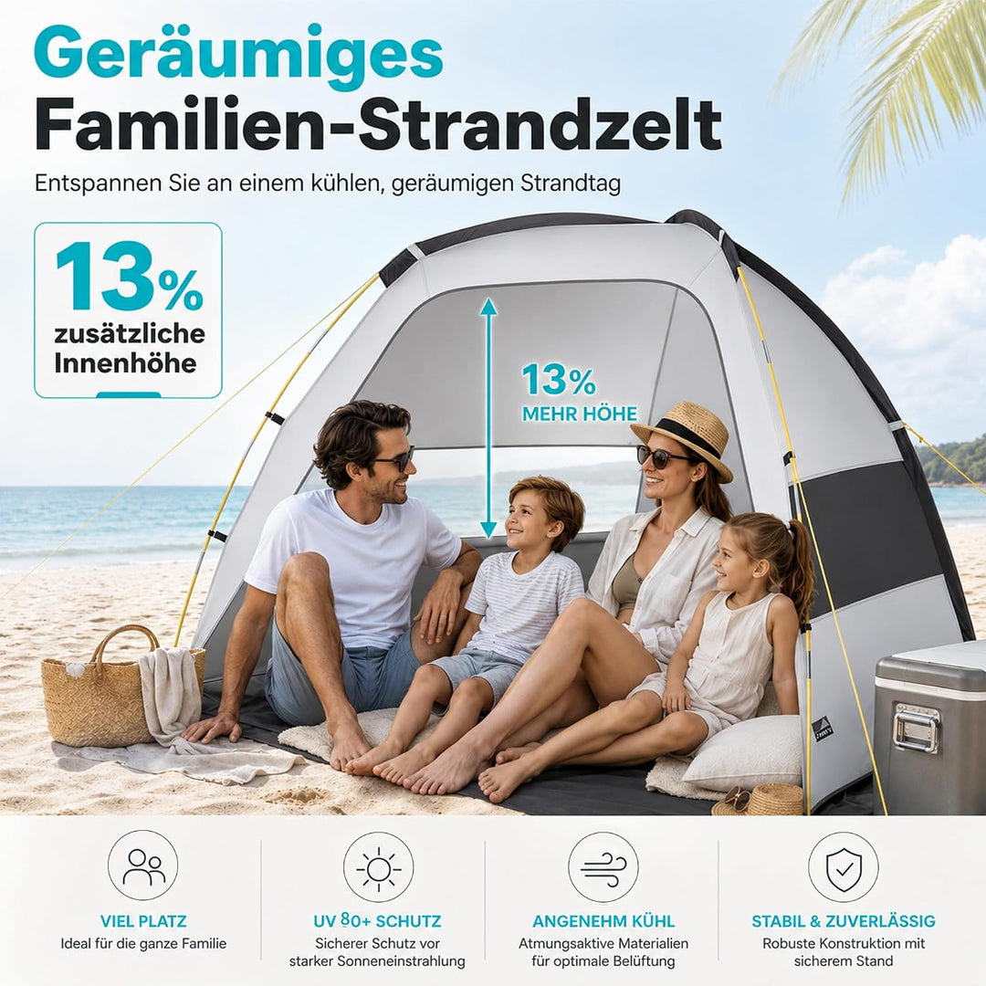 High Peak Strandmuschel mit UV 80, erhöhter Innenhöhe und Mesh-Belüftung | Grosszügiger Platz für 2–