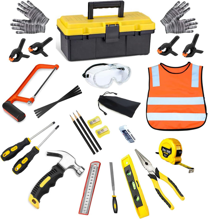QeeHeng Kinder-Werkzeug-Set, Holzbearbeitungswerkzeug-Set, 30 Stück Baumeister Kinder Echte Handwerk