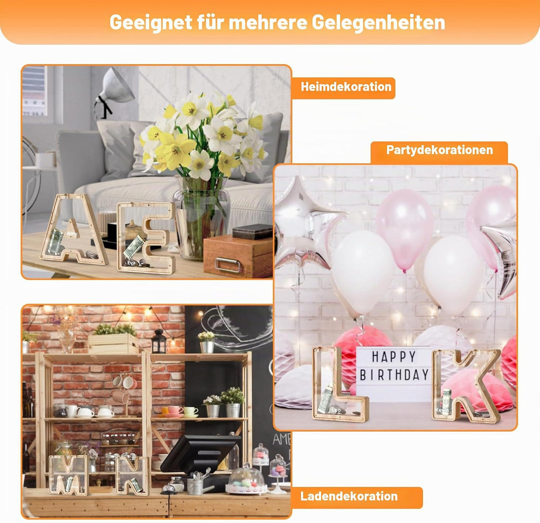DBPBToU Spardose aus Holz Buchstaben, Sparschwein Durchsichtig für Kinder, Sparbox Personalisierte,