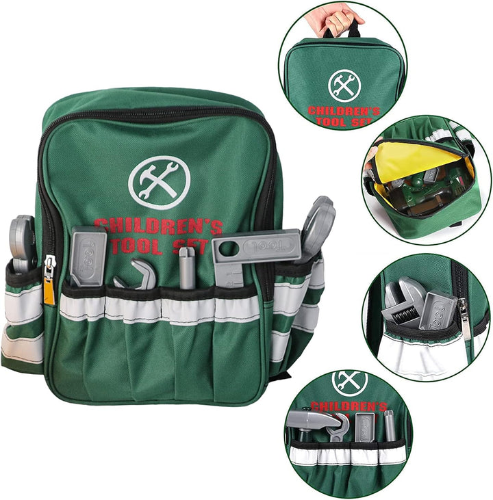 deAO Werkzeugkoffer Kinder, Werkzeug Spielzeug Set mit Elektrische Bohrmaschine, Rucksack, Helm und