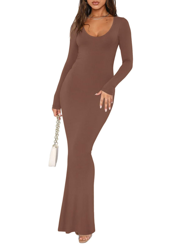 REORIA Damen Sexy U-Ausschnitt Langarm Lounge Langes Kleid Gerippte figurbetonte Maxikleider S Kaffe