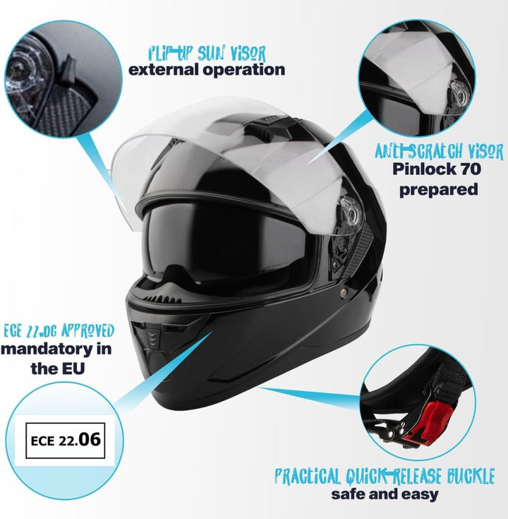 VINZ Kennet Integralhelm mit Sonnenblende | Motorrad Helm Vollvisierhelm Mopedhelm | Motorradhelm Fu