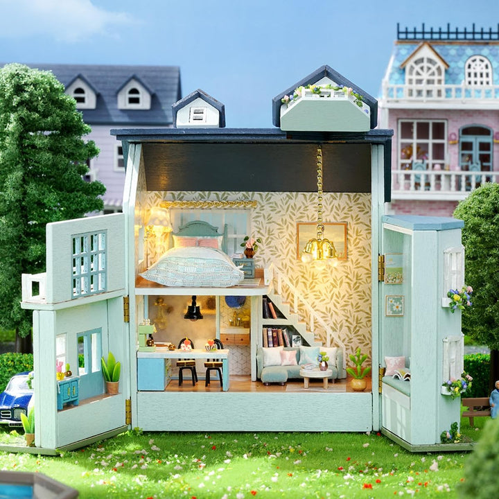 CUTEROOM Miniatur Haus, DIY Puppenhaus Set aus Holz, Mini Hausbau-Set mit Möbeln und LED Licht, Gebu