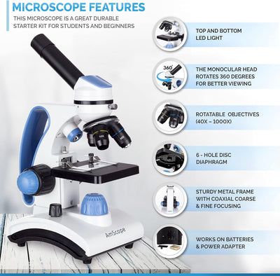 AmScope M162C-2L-PB10-WM Awarded 2018 Best Students and Kids Mikroskop-Set – 40X-1000X Dual Light Ga