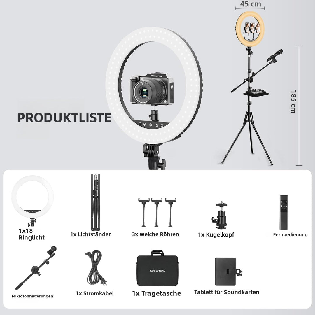KOSCHEAL 18 Zoll Ringlicht mit Ständer, 3000-6500K Einstellbares LED licht mit Mikrofon und Soundkar