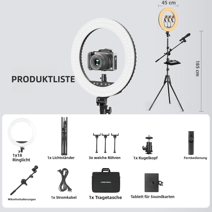 KOSCHEAL 18 Zoll Ringlicht mit Ständer, 3000-6500K Einstellbares LED licht mit Mikrofon und Soundkar
