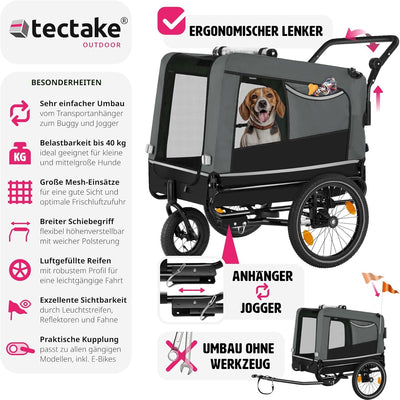 tectake® Fahrradanhänger multifunktional - als Hunde Anhänger Wagen für Fahrrad und e Bike, Jogger o