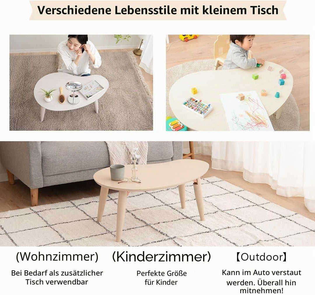 EMOOR Klapptisch Holz, Klein-Birnenform(B80xD52cm) Naturfarben, Couchtish Tatami Tisch, Naturfarben