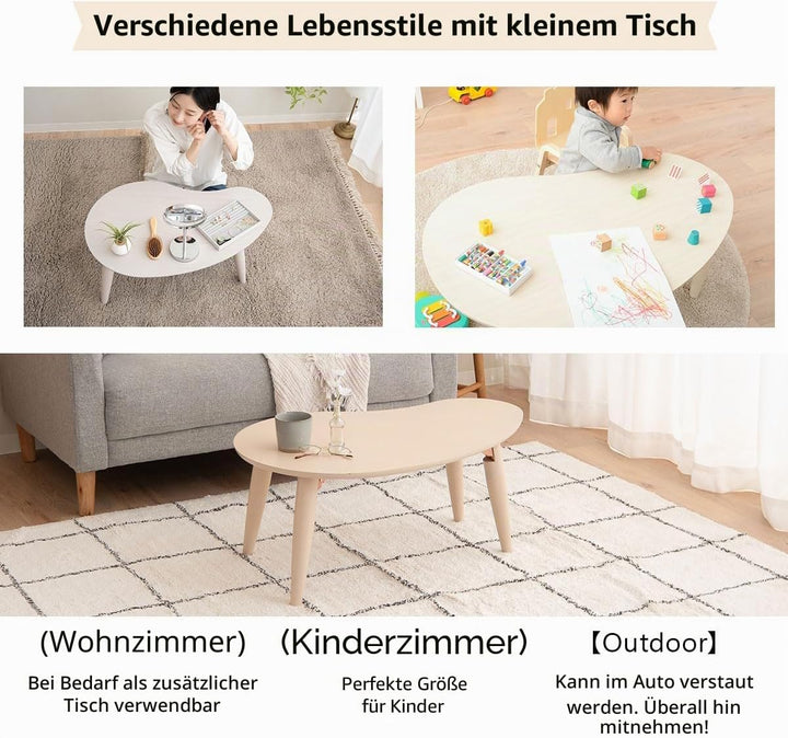 EMOOR Klapptisch Holz, Klein-Birnenform(B80xD52cm) Naturfarben, Couchtish Tatami Tisch, Naturfarben