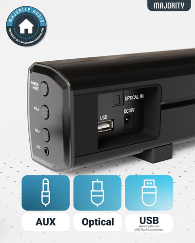 MAJORITY Bowfell | Bluetooth Soundbar für TV Geräte | 50W 2.0 Stereo Lautsprecher für Fernseher oder