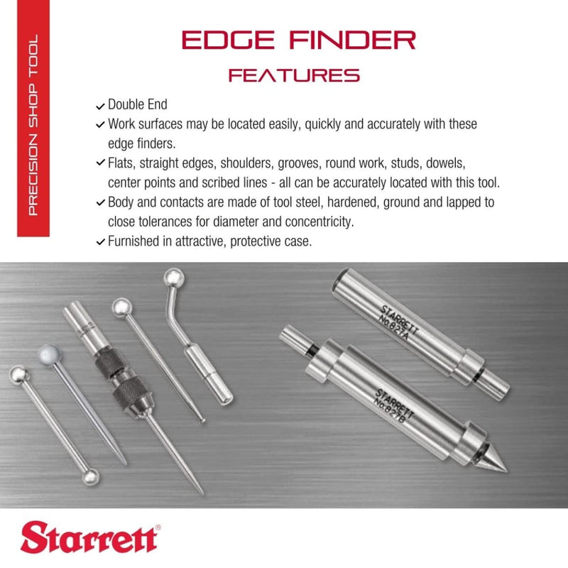 Starrett 827B Kantensucher, Doppelend, mit spitzem Kontakt, 0,5" Gehäusedurchmesser, 0,2" Kontaktdur