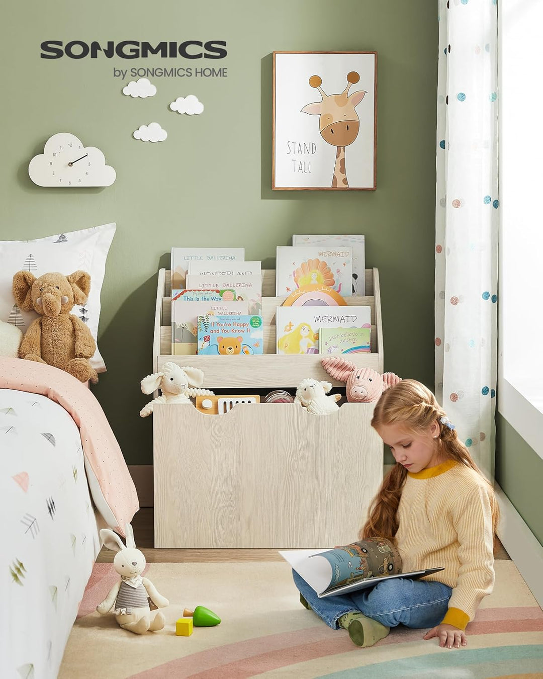 SONGMICS Bücherregal Kinder, Kinderregal, Spielzeugregal, mit 3 Regalebenen, Aufbewahrungsbox auf Ro