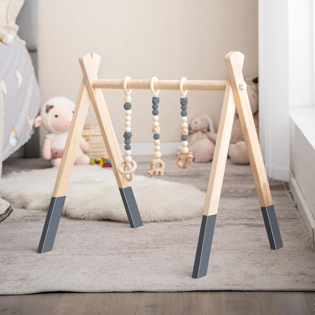 COSTWAY Baby Spielbogen Holz, Spieltrapez klappbar, Baby Gym mit 3 abnehmbaren Kinderspielzeugen, Sp