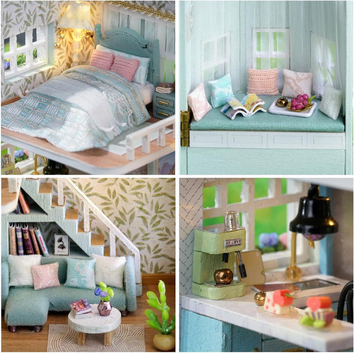 CUTEROOM Miniatur Haus, DIY Puppenhaus Set aus Holz, Mini Hausbau-Set mit Möbeln und LED Licht, Gebu