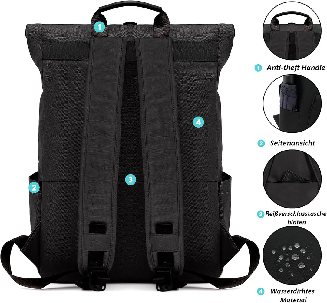 TANTOMI Rucksack Damen Herren, Rucksack Laptop Tasche 15,6 Zoll, Laptop Rucksack Damen Herren weit ö