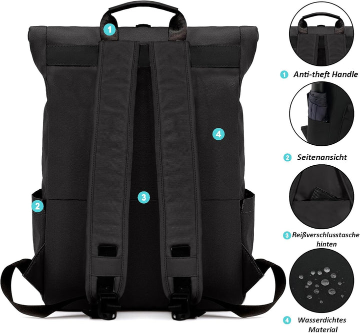 TANTOMI Rucksack Damen Herren, Rucksack Laptop Tasche 15,6 Zoll, Laptop Rucksack Damen Herren weit ö