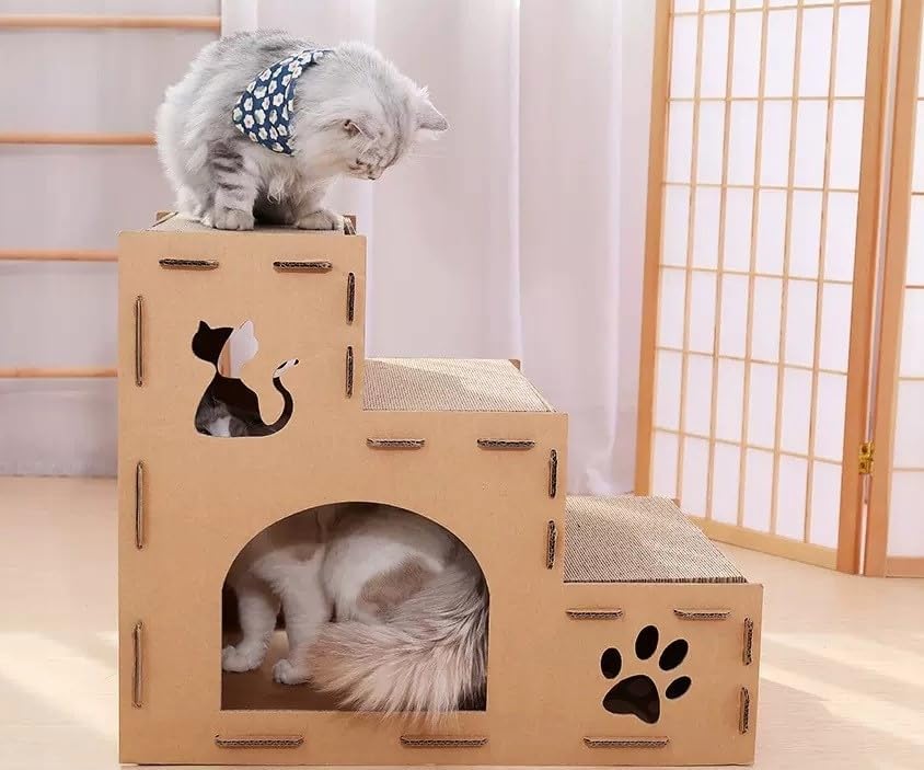 Papp-Katzenhaus - Zweistöckige Katzenhöhle aus Pappe - Stecksystem - Leichtes Design - Kombination a