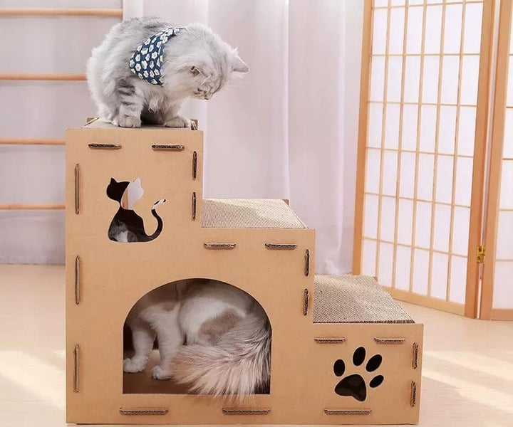Papp-Katzenhaus - Zweistöckige Katzenhöhle aus Pappe - Stecksystem - Leichtes Design - Kombination a