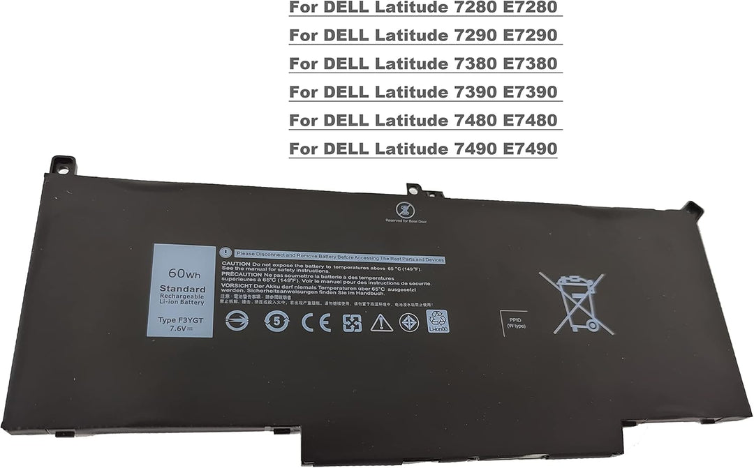 7.6V 60Wh, F3YGT Laptop Akku für Dell Latitude 7280 7290 7380 7390 7480 7490 E7280 E7290 E7380 E7390