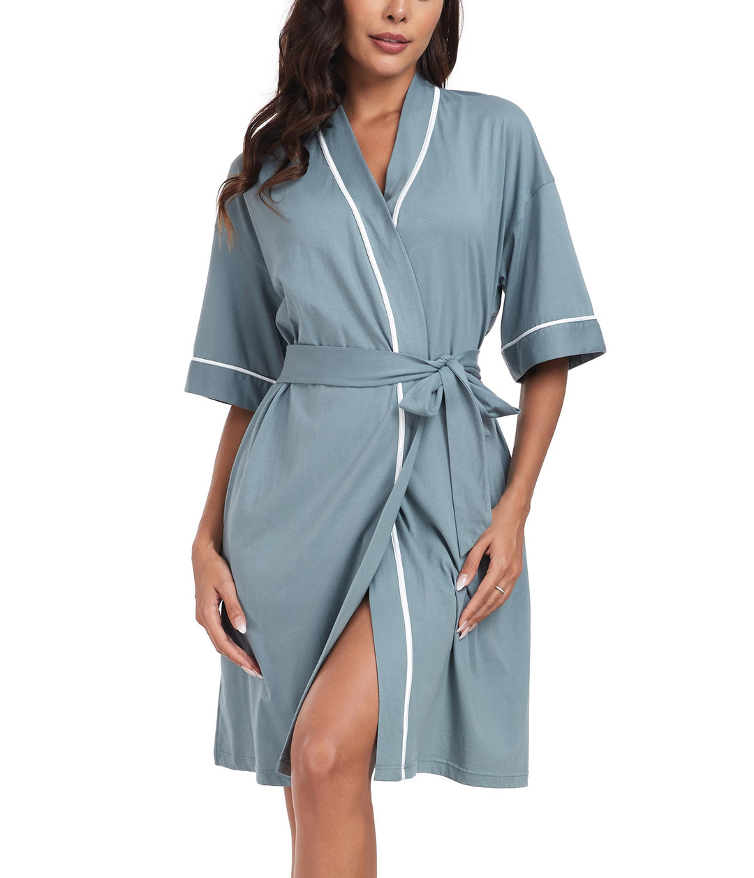 COLORFULLEAF 100% Baumwolle Bademantel Damen Kurz Morgenmantel Leicht Knielang Kimono Saunamantel Na