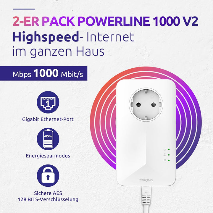 STRONG Powerline 1000 Duo, PowerLAN-Adapter Set mit 2 Stück, 1000 Mbit/s, Hochgeschwindigkeits-Netzw