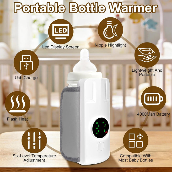 Flaschenwärmer Baby, Unterwegs Babyflaschen Wärmer mit LCD-Display USB-Ladung, 6-Temperaturstufen (3