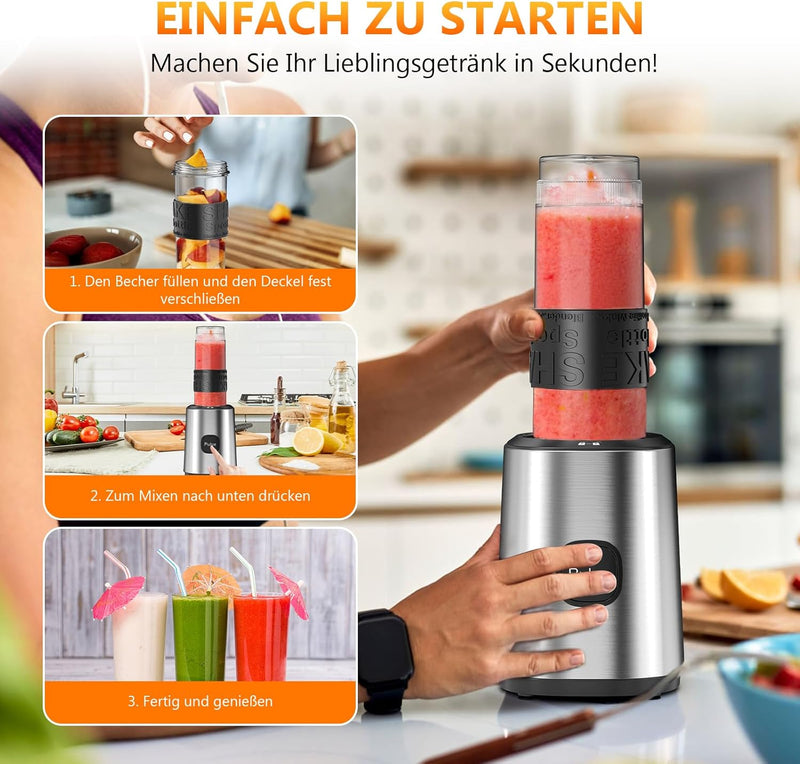 Mixer, Smoothie Maker, Standmixer, 500W Smoothie Mixer mit 2x570ml Smoothie Flaschen BPA frei Tritan