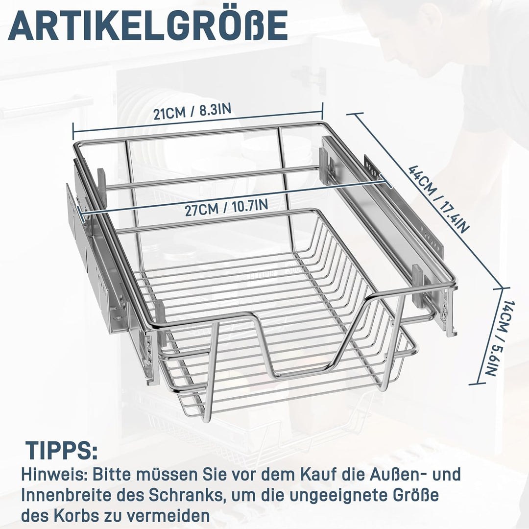 NAIZY 2x Teleskopschublade 30cm Breite anwendbar Küchenschublade Silber Küchen Regal aus Massiver Ed