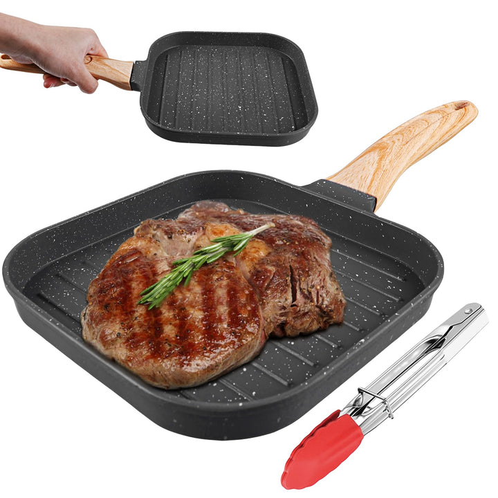SPORWAY Grillpfanne 18×18 cm, Steakpfanne Induktion aus Aluminiumguss, Rectangle Bratpfanne mit Abne