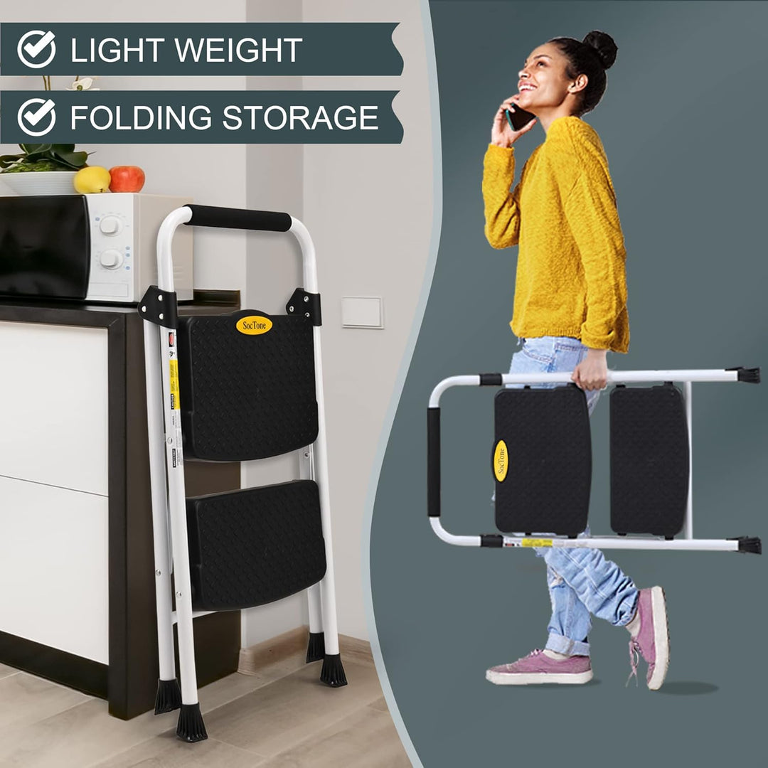 HBTower 2-Stufen-Leiter, Klappbarer Tritthocker mit Breitem Anti-Rutsch-Pedal, Stabiler Praktischer