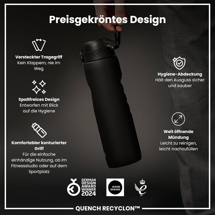 ION8 1 Liter Trinkflasche, 1000ml, Auslaufsicher, Einhandöffnung, Sichere Verriegelung, Spülmaschine