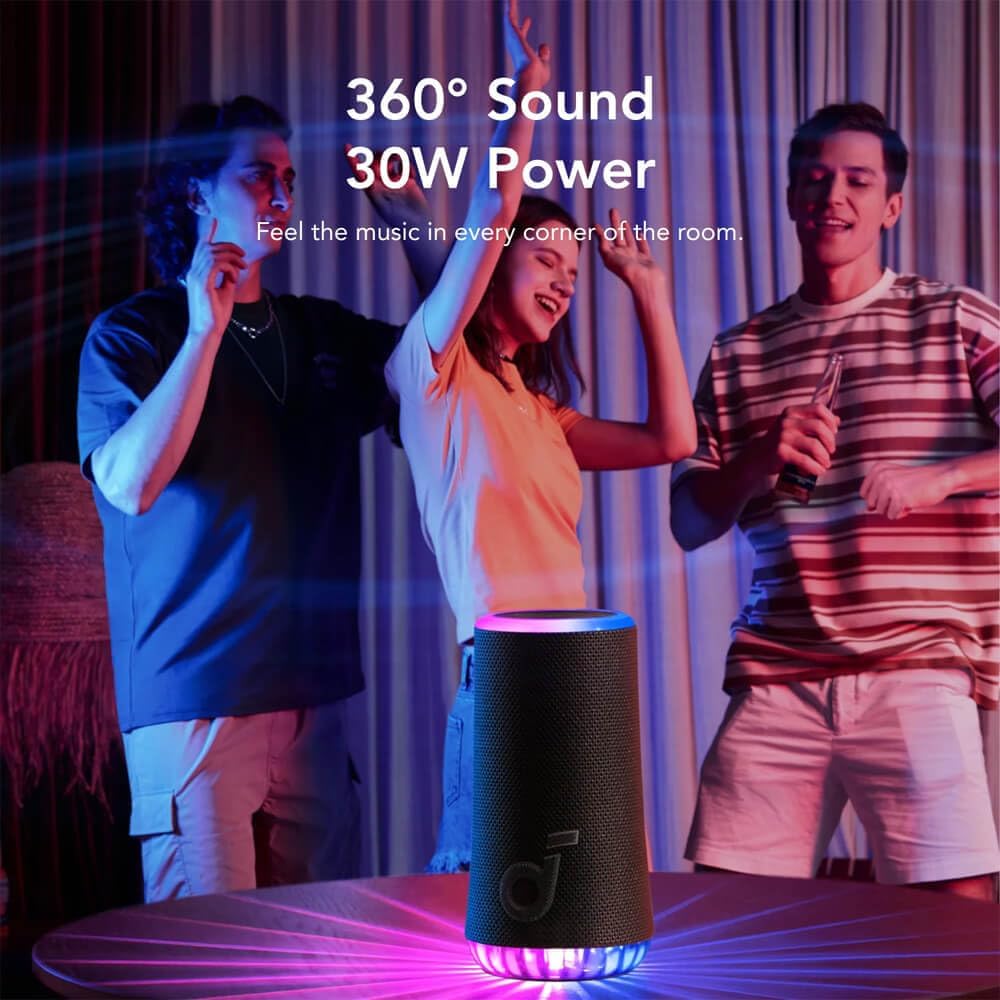 soundcore Glow Mobiler Lautsprecher mit 30W 360° Rundum-Sound, Synchronisierte Lichtstrahlen, 18h Wi