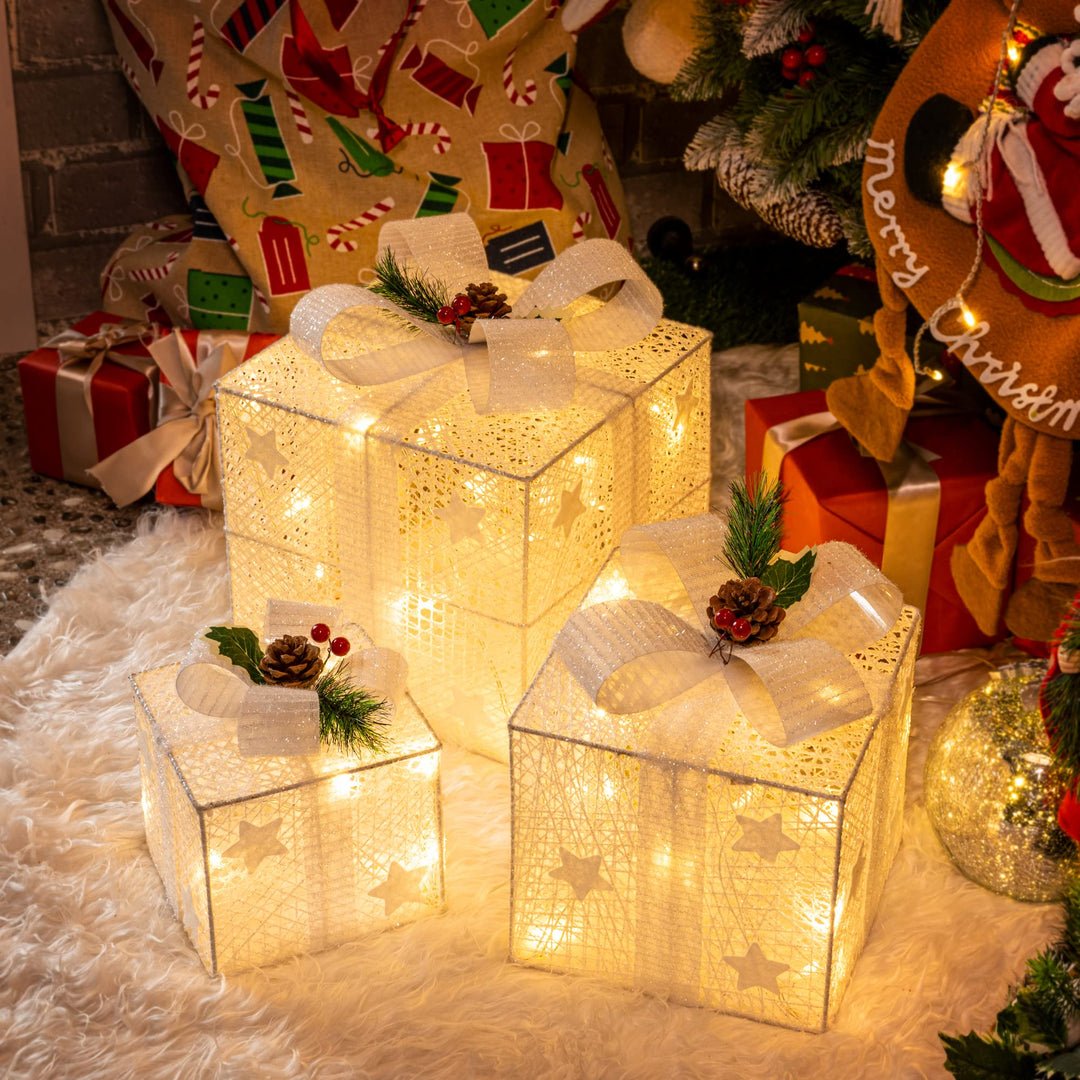 GIGALUMI 3er Set LED Geschenkbox mit Schleife Leuchtend Geschenkeboxen Lichtbox Weihnachts Dekoratio