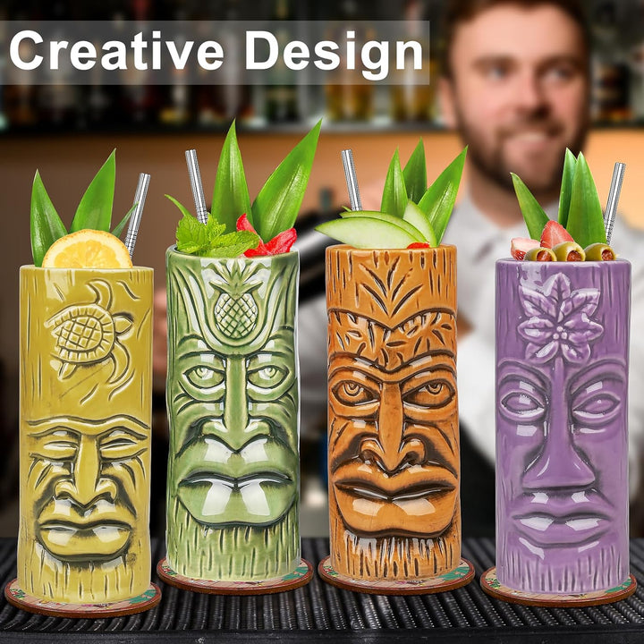 Tiki-Tassen-Set, Hawaii-Party-Becher aus Keramik mit Untersetzer, für Cocktails, hochwertiges Tassen
