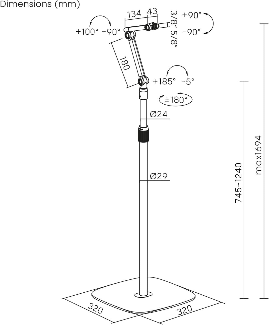 Maclean MC-337 Professioneller Mikrofonständer | Verstellbare Höhe von 626 bis 1694 mm | Maximale Be
