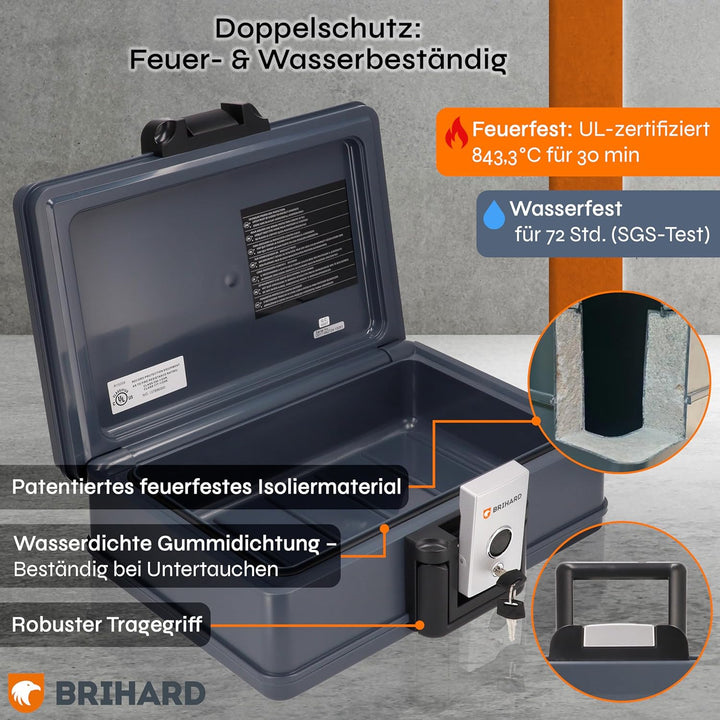 BRIHARD - Zertifizierte Feuerfeste Dokumentenbox 2017 A4, Safe Tresor Feuerfest Wasserdicht mit Schl