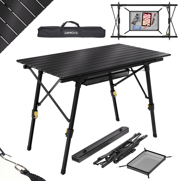 24MOVE® Campingtisch Klapptisch mit Aluminiumrahmen, Tischplatte aufrollbar, Falttisch klappbar, höh