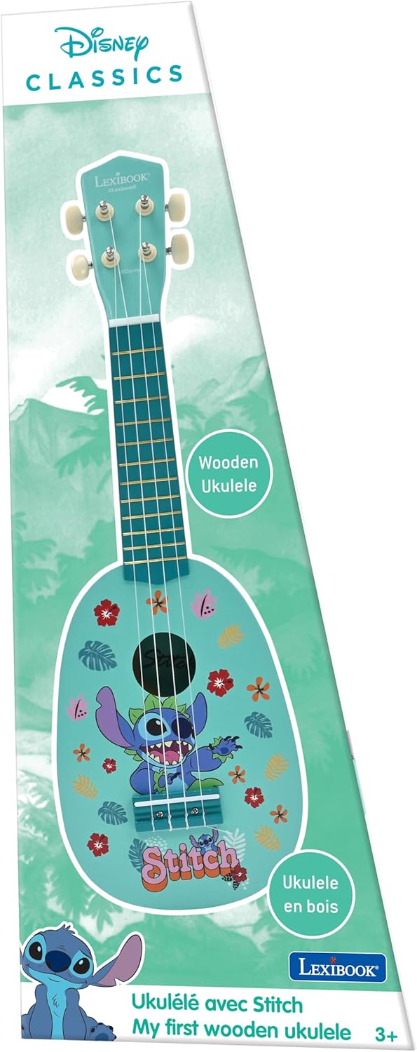 Lexibook, Disney Stitch, Meine erste Holz-Ukulele, 4 Nylonsaiten, 53 cm, inklusive Anleitung, Blau,
