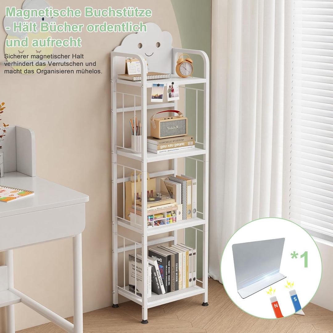 Cute Metal Kinderregal, 4 Etagen Bücherregal Aufbewahrungsregal für Kinder, Standregal mit Magnetisc