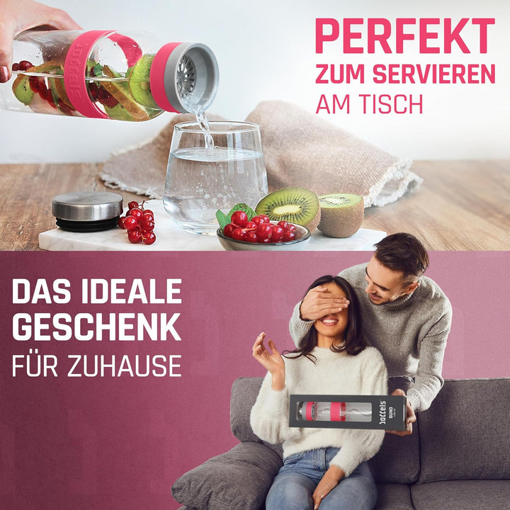 boddels Glaskaraffe mit Deckel und Sieb 1.100ml, Rutschfester Griff, Glaskaraffe mit Fruchteinsatz,