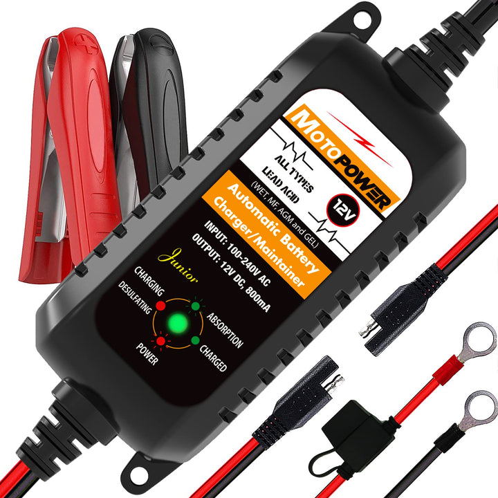MOTOPOWER MP00205A 12V 800mA Fully Automatic Battery Charger/Maintainer for Cars, Motorcycles, ATVs,
