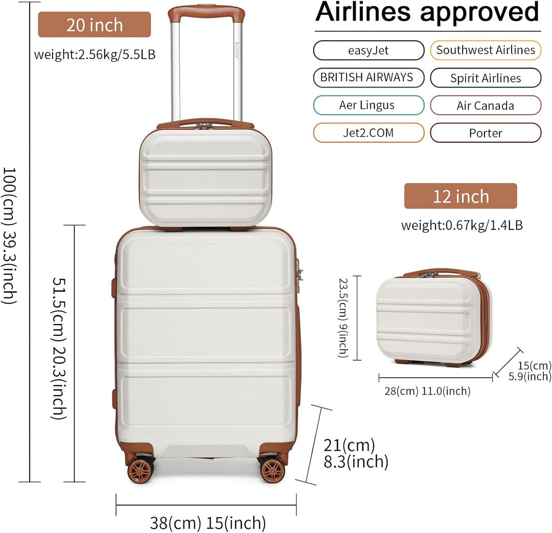 KONO Kofferset ABS Hartschalen Hardcase Trolley TSA-Schloss Reisekoffer Creme Weiss, Creme Weiss