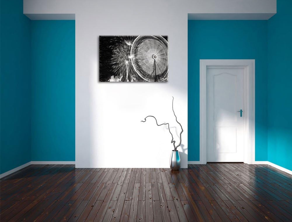 Pixxprint Jahrmarkt mit Feuerwerk / 100x70cm Leinwandbild bespannt auf Holzrahmen/Wandbild Kunstdruc